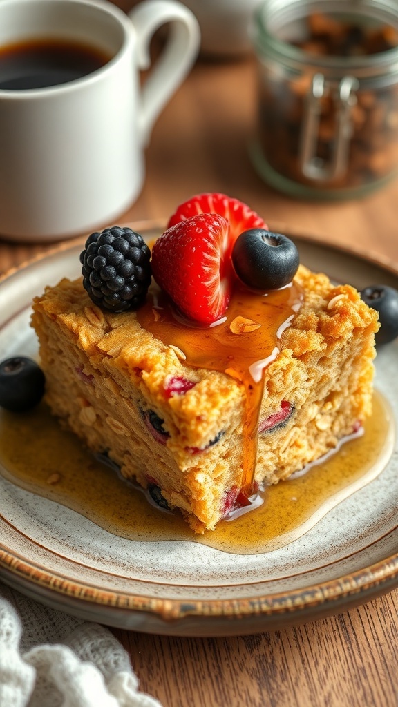 Baked Oats in an 8x8 Pan A square of baked oats topped with berries and syrup on a rustic plate.